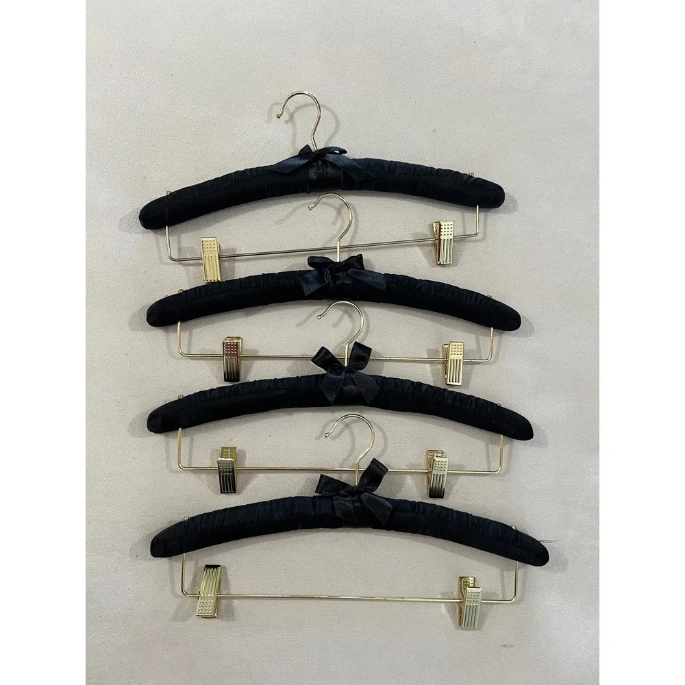 Black Padded Satin Hangers with Gold Clips Set of 4 for Skirts and Pants
